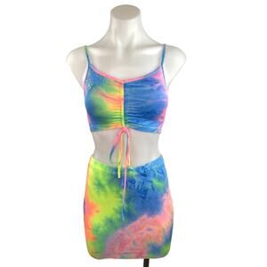 2 Pc Outfit Rainbow Tie-Dye Bodycon Sleeveless Cami Crop Top Mini Skirt Set S